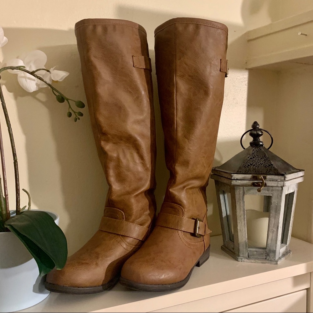 Red Zipper Riding Boots with Stud Details